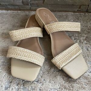Joie Cherish Slide Sandals Open Toe Heels Short Heel Raffia Cream Beige Tan: 9.5